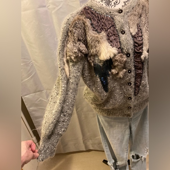 Vintage SWEATER Wool ~ Buttoned (M) Cardigan ~ multi/media/lapis lazuli/fur - Picture 3 of 16